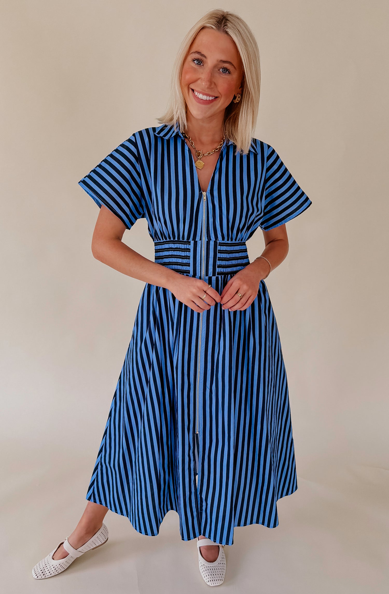 SAIL AWAY STRIPED MIDI DRESS