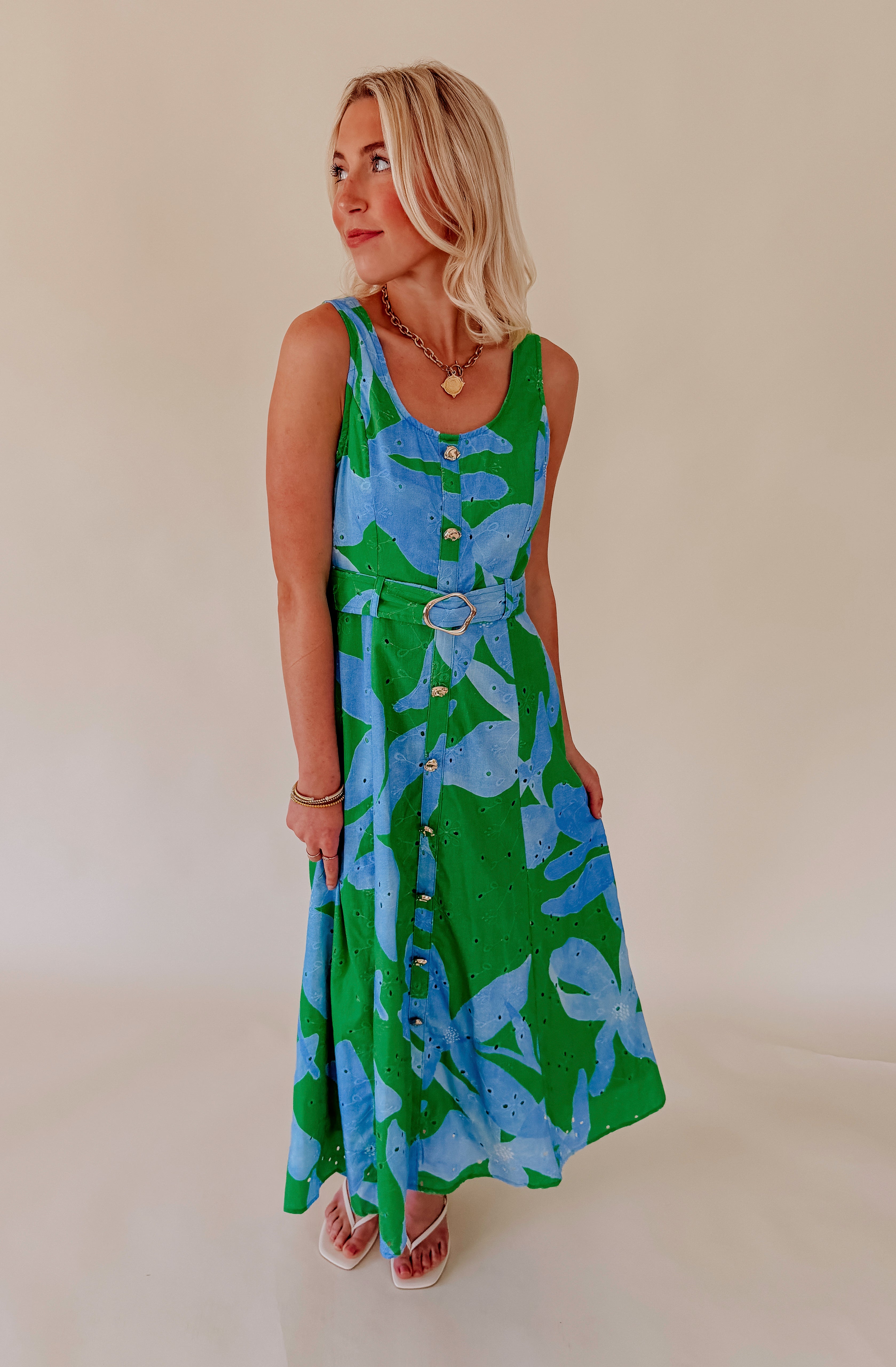 GREEN WITH ENVY BELTED MIDI DRESS
