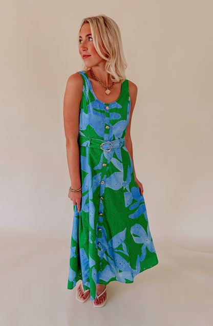 GREEN WITH ENVY BELTED MIDI DRESS