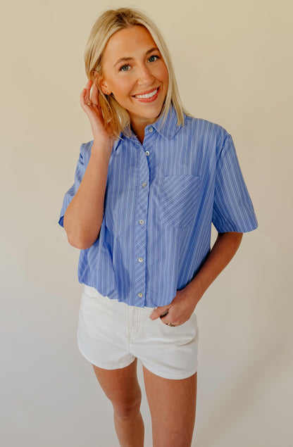 WORK AND PLAY BUTTONED BUBBLE HEM TOP