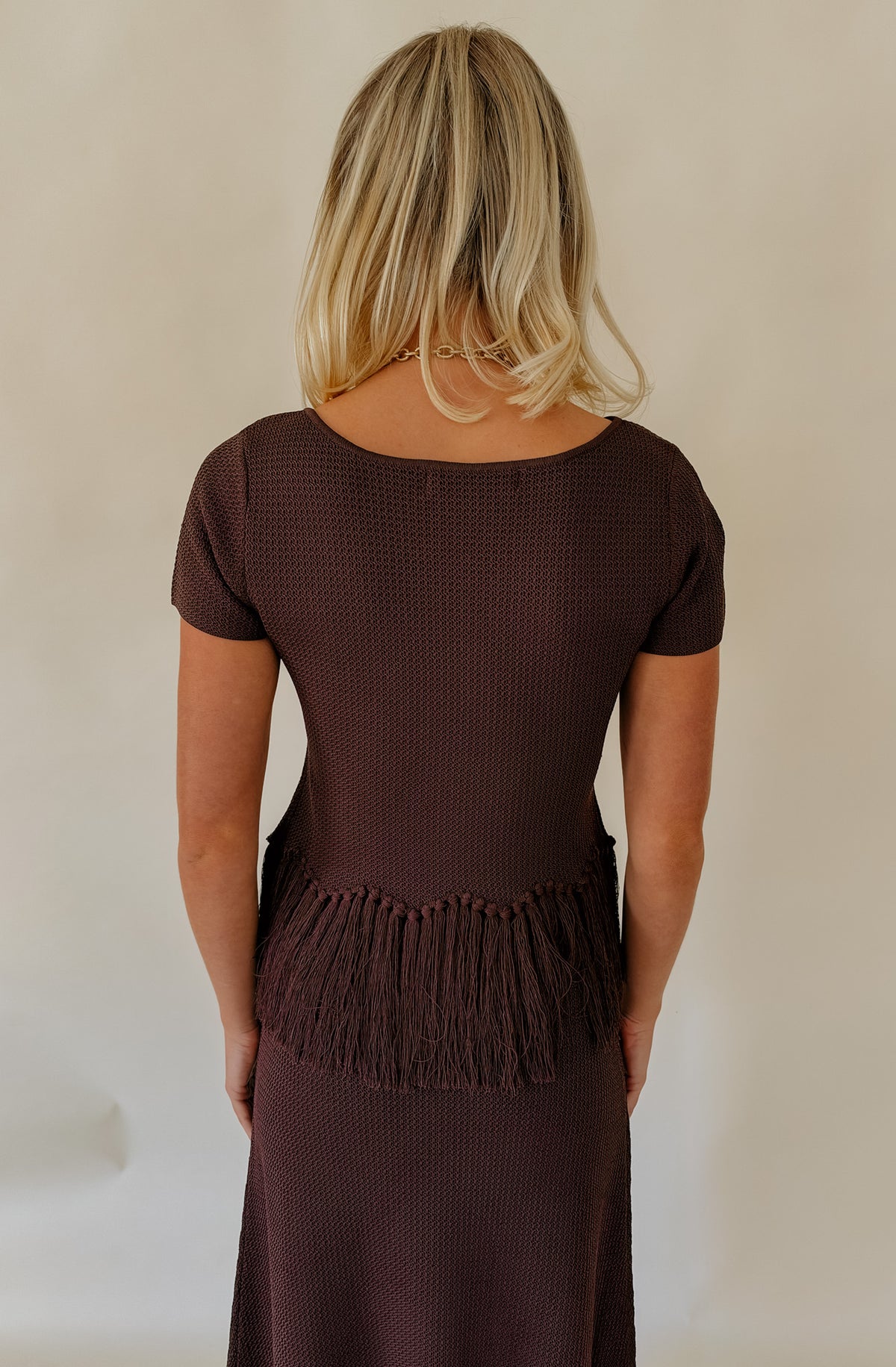 ENGLISH FACTORY FRINGE SHORT SLEEVE KNIT TOP