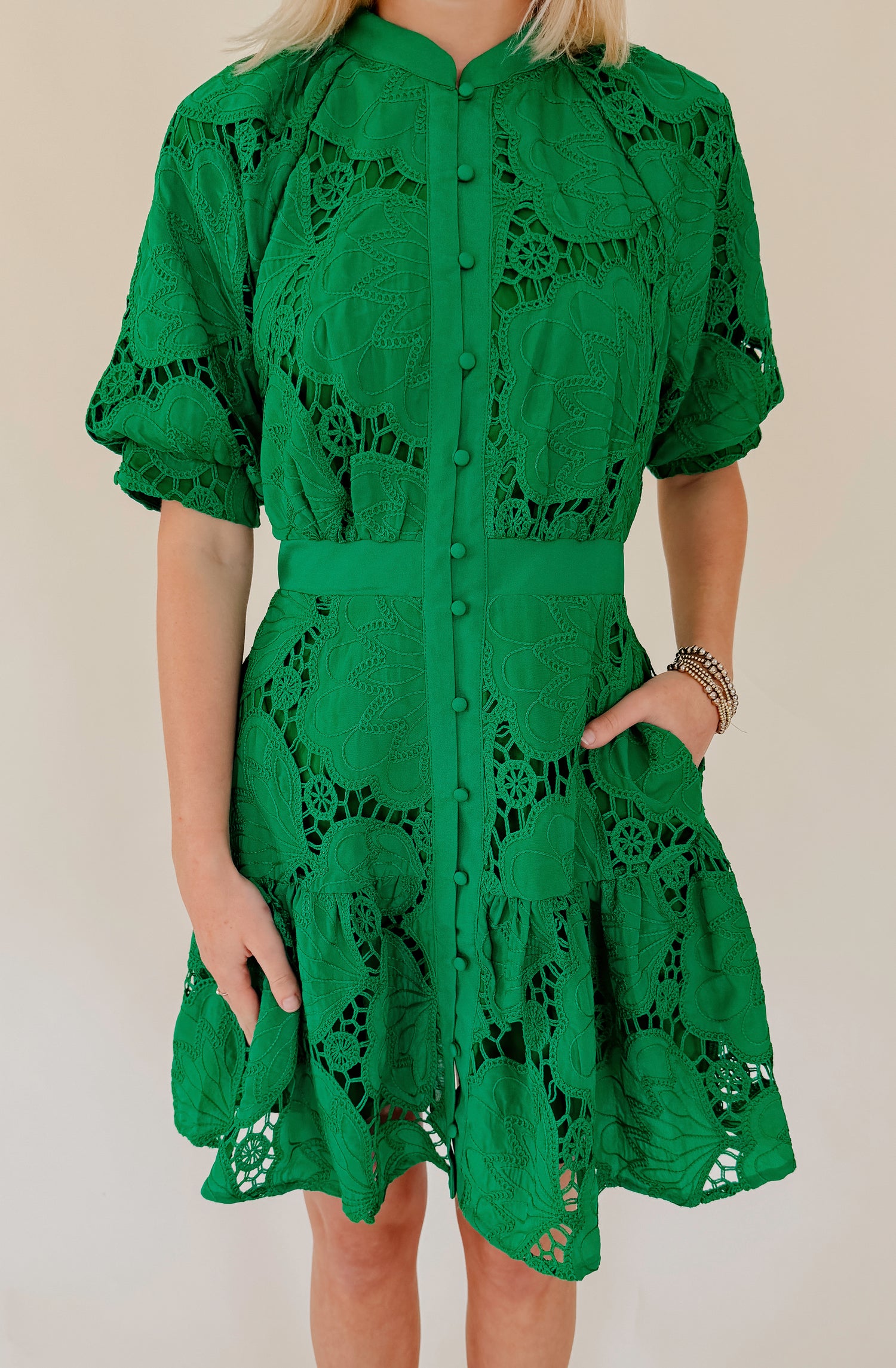 CIEBON GREEN WITH ENVY EMBROIDERED MINI DRESS