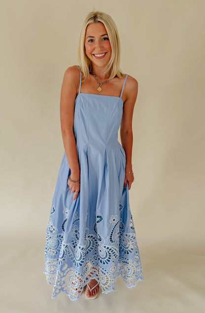 CAUGHT IN THE BREEZE EYELET MIDI DRESS