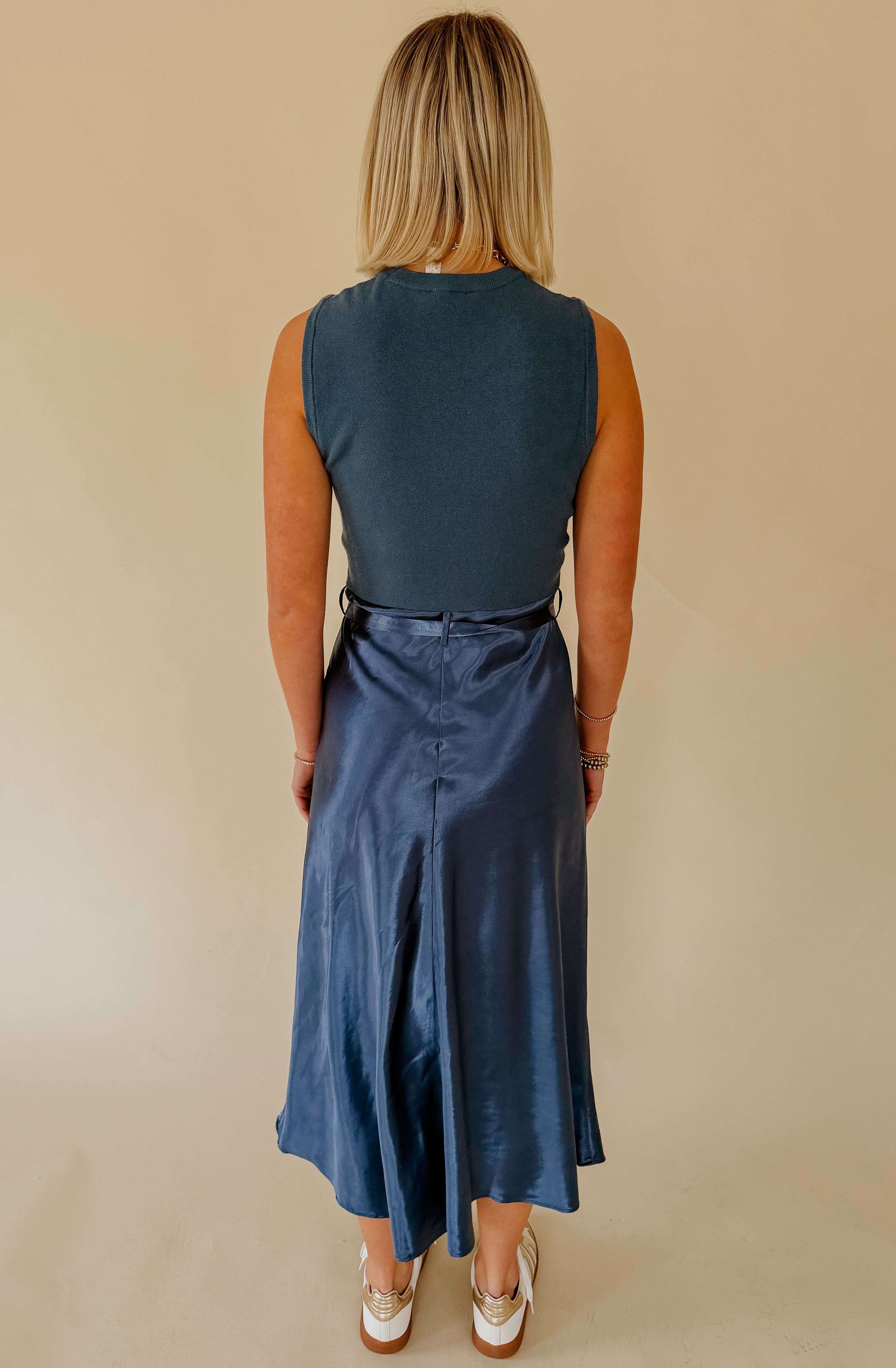 NIGHT CHANGES BELTED MIDI DRESS