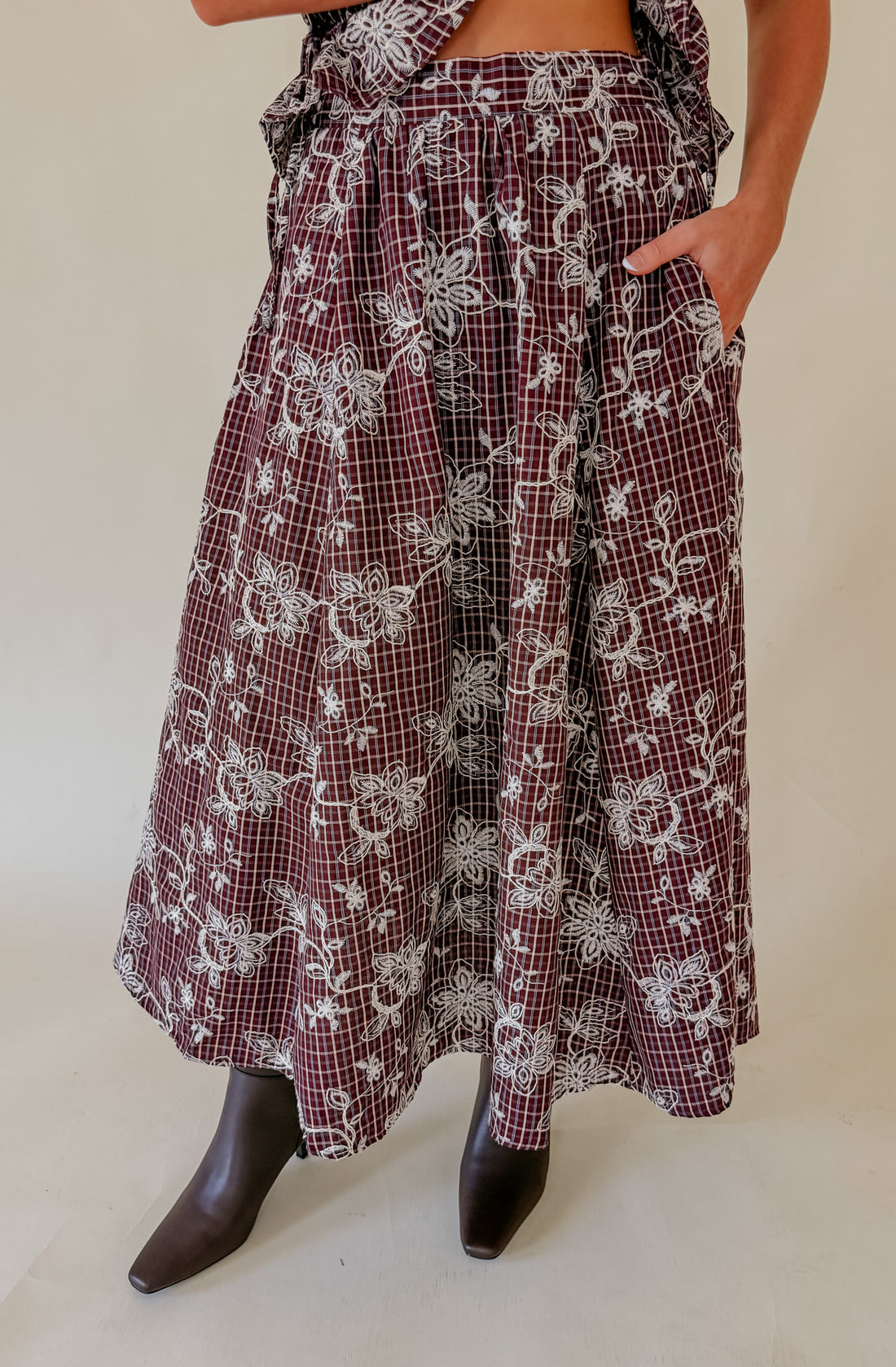 THROUGH THE GRAPEVINE EMBROIDERED MIDI SKIRT