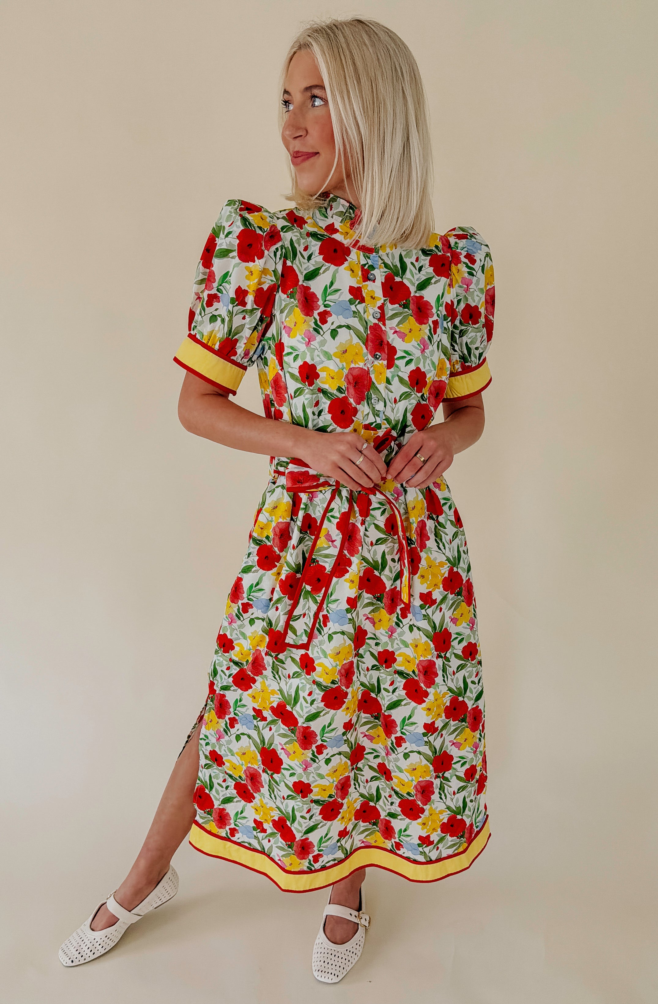 FLOWER CHILD BELTED MIDI DRESS