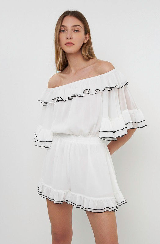 CONTRAST EDGE OFF THE SHOULDER ROMPER